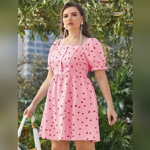 Plus Heart Print Flounce Sleeve A-line Dress